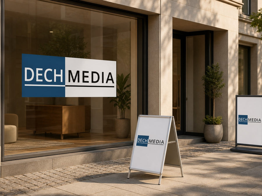 Schaufenster mit DECH MEDIA Folienbeschriftung, Kundenstopper und Aufsteller davor
